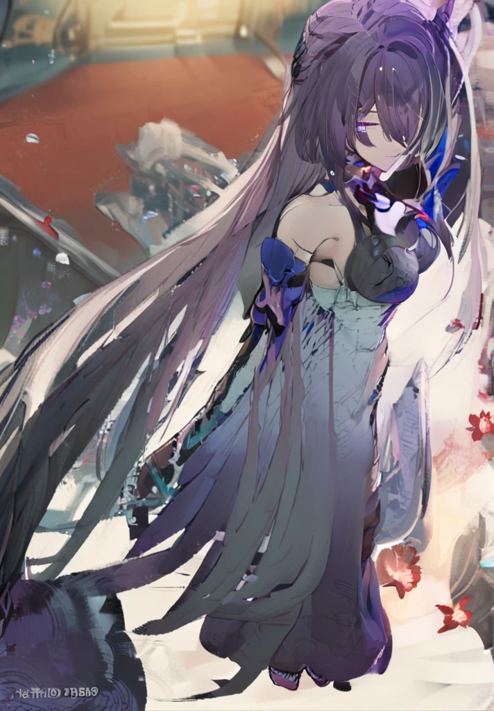 ((masterpiece)),((best quality)),highres,extremely detailed CG,perfect lighting,8k wallpaper,
1girl,acheron \(honkai: star rail\),purple hair,very long hair,purple eyes,white wedding dress,white veil,
