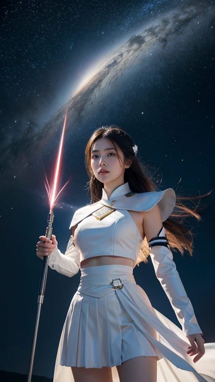 White combat uniform、skirt、Goddess of War、Staff、High resolution、Unknown powers、thunder、Wind、inflammation、muscle、Planetary alignment、Starry Sky、Blue light、Laser beam、God&#39;s Weapon、Diffuse reflection of light、Cyber Valkyrie