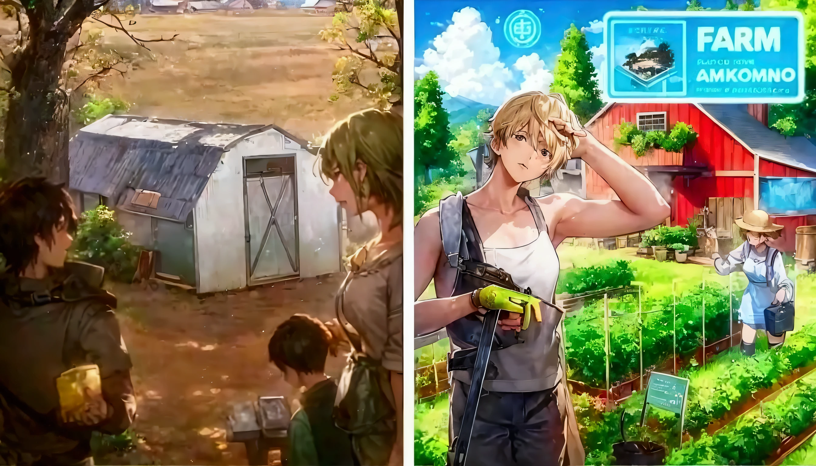 two pictures of a farm with a farmer and a woman, makoto shinkai and bioware, anime cover, 🪔 🎨;🌞🌄, trending on pixiv, snk, xqc, detailed game art, mobile game art, pixiv trending, mobile game, isekai, ben maier and sakimichan