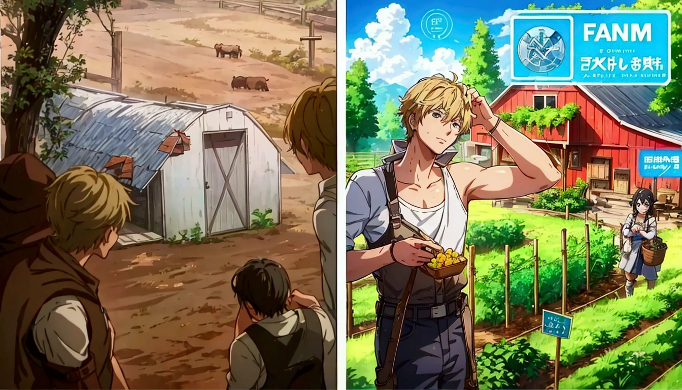 two pictures of a farm with a farmer and a woman, makoto shinkai and bioware, anime cover, 🪔 🎨;🌞🌄, trending on pixiv, snk, xqc, detailed game art, mobile game art, pixiv trending, mobile game, isekai, ben maier and sakimichan