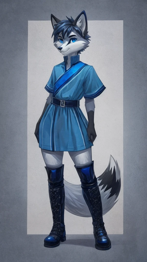 grainy, symmetric, upper body, bright colorful Navy blue eyes, markings, furry male, body fur, anthro Fox, solo, Cartoon, detailed, Gray fur, Thicc thighs, Wide hips, Slim waist, Slim shoulders, Large butt, Calm, wearing Blue Tunic with White accents, Monochromatic colors, Intimidating, Tall, Femboy, flat-chested, super flat-chested, solo femboy, just a femboy ((flat-chested))