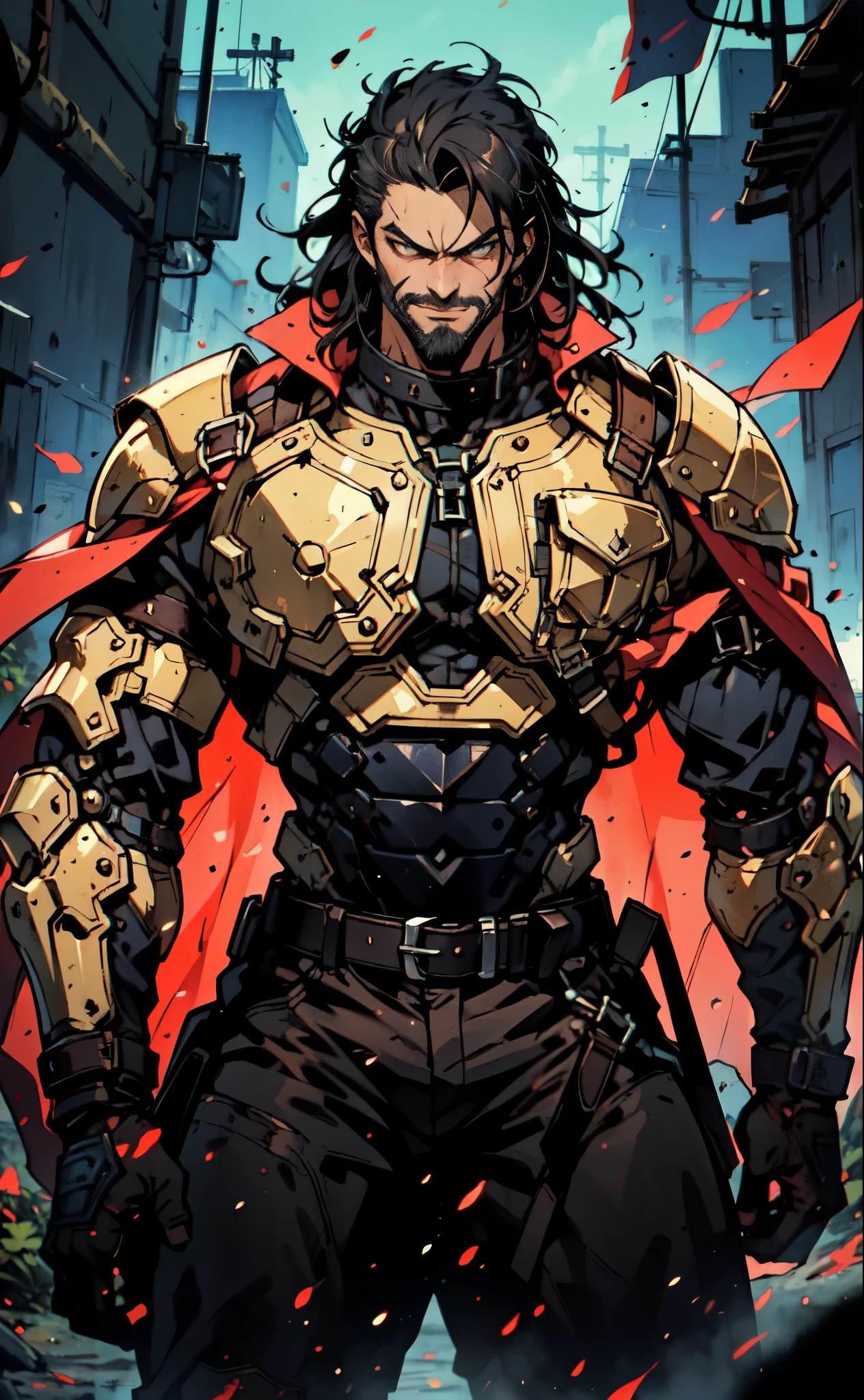 (masterpiece:1.2, best quality:1.2, extremely delicate:1.2), a middle-aged man with long blue-black hair, thick eyebrows, sharp eyes, a wild smile, a dense beard, a huge scar down the middle of his face, a tall and robust build, luxurious golden high-collar chest armor without shoulder guards, revealing his muscular abs, a short-sleeved undershirt, a metal belt, short skirt armor, canvas trousers, a cape flutters in the wind behind him, stands majestically on a desolate battlefield, this character embodies a finely crafted fantasy-style overlord in anime style, exquisite and mature manga art style, dramatic, high definition, highres, ultra-detailed, ultra-fine painting, professional, perfect body proportions, golden ratio, anatomically correct, symmetrical face, extremely detailed eyes and face, high quality eyes, creativity, RAW photo, UHD, 32k, Natural light, cinematic lighting, masterpiece-anatomy-perfect