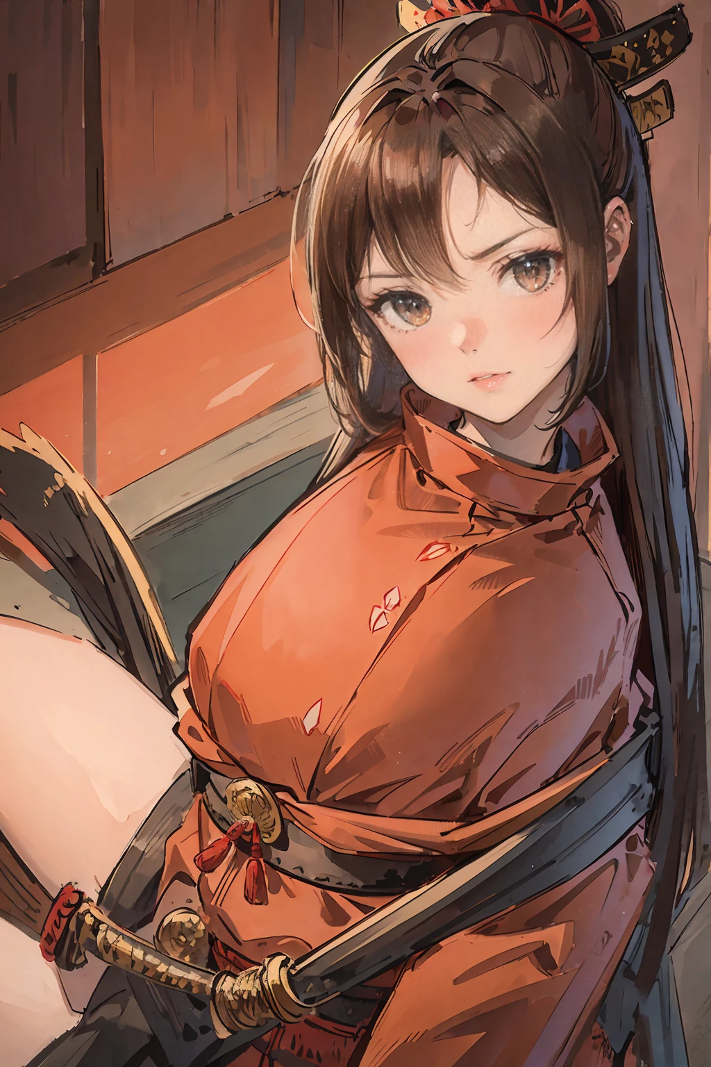 Ninjagirl, a brown haired , wearing a red samurai armor, long hair, fasion hair, samurai armor, slim body, shirt ornament, hakama, tall 165cm, 22yearold, samurai, katana, female, beautiful, sexy