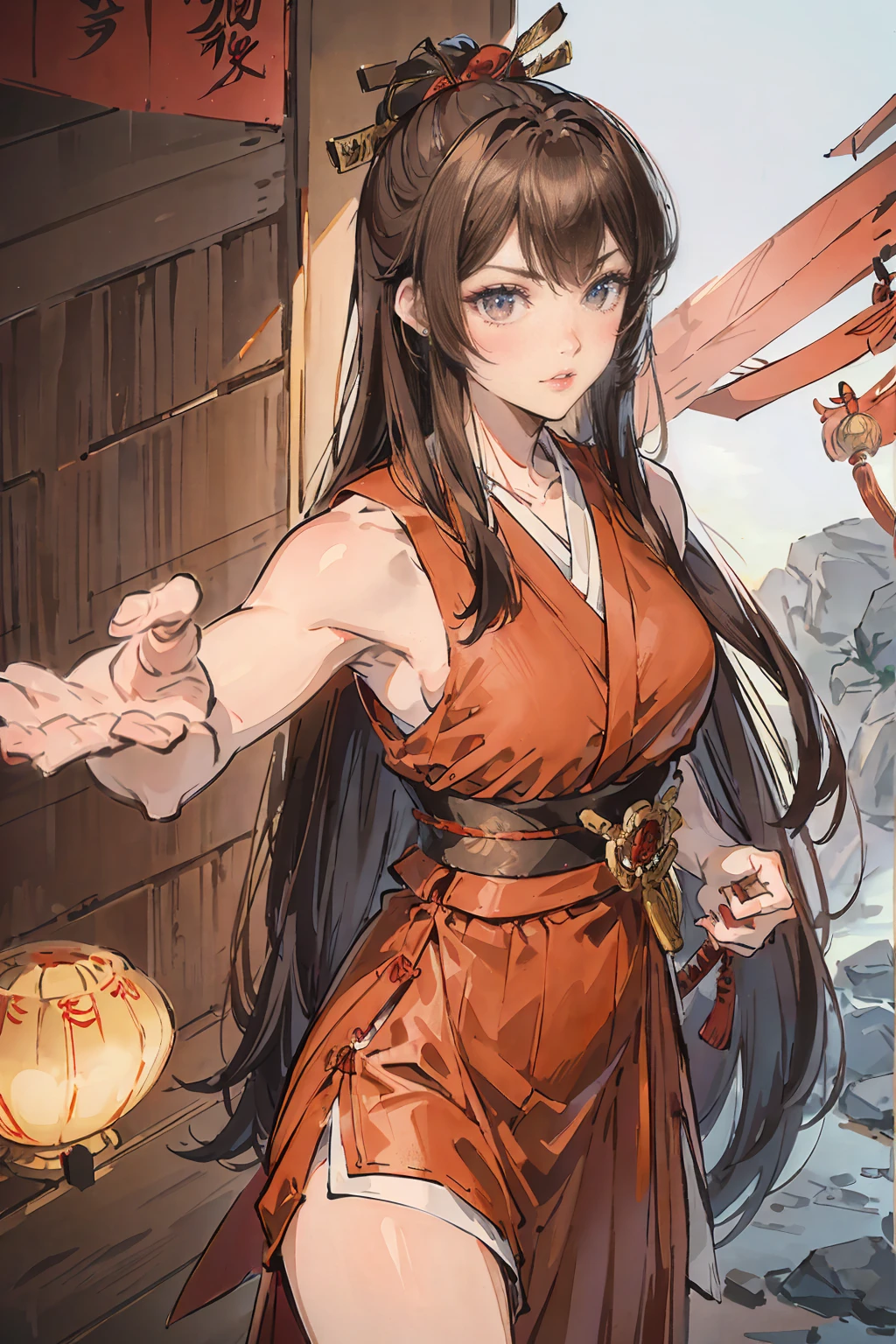 Ninjagirl, a brown haired , wearing a red samurai armor, long hair, fasion hair, samurai armor, slim body, shirt ornament, hakama, tall 165cm, 22yearold, samurai, katana, female, beautiful, sexy