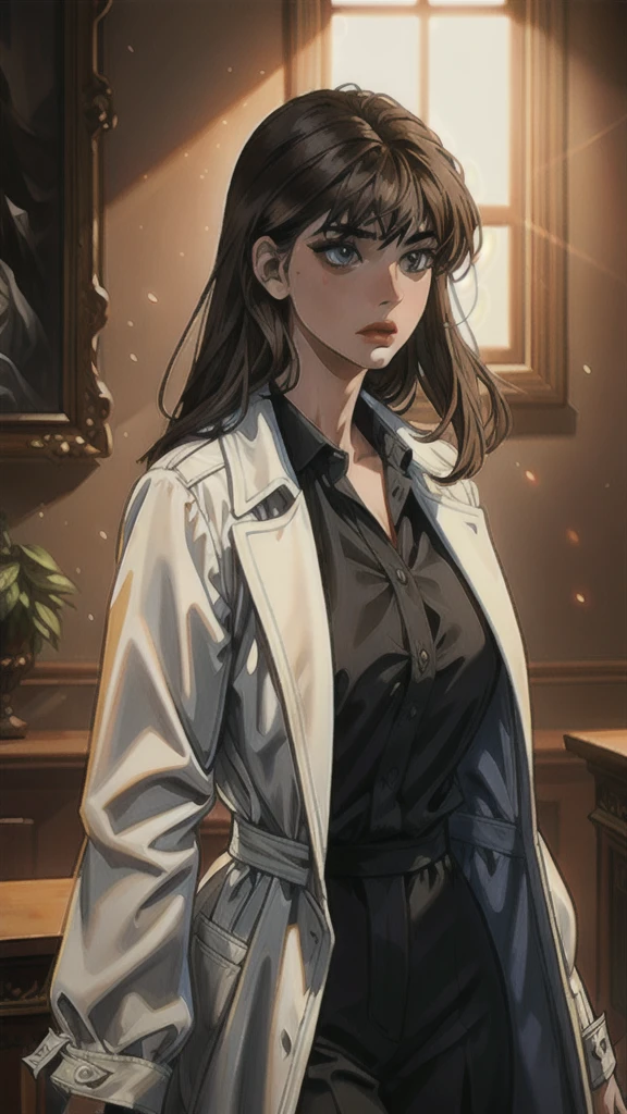 a beautiful young woman with long brown hair, bangs, wearing a white coat and black shirt, in a detailed and intricate style, masterpiece, best quality, hyperrealistic, 8k, ultra-detailed, photorealistic, vivid colors, cinematic lighting, dramatic shadows, chiaroscuro, oil painting, elegant, serene, thoughtful expression, graceful pose, slender figure, delicate features, porcelain skin, detailed eyes, nose, lips, long eyelashes