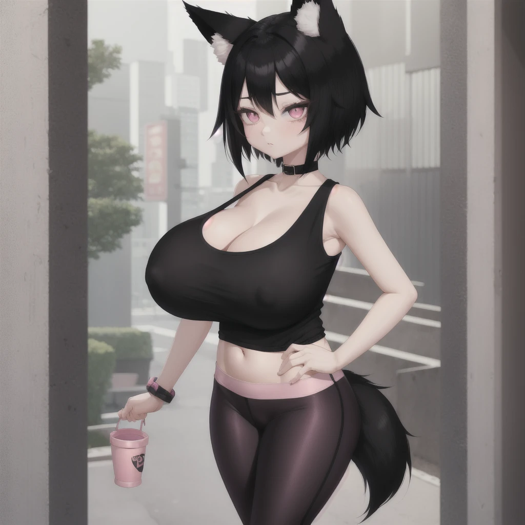 black hair, female, fox ears, emo hair cut, solo, smol, pink eyes, massive breasts, wear open cut black tight tank top and pink leggings, masterpiece, ultra high quality