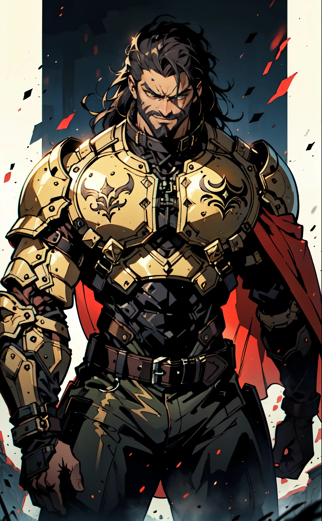 (masterpiece:1.2, best quality:1.2, extremely delicate:1.2), a middle-aged man with long blue-black hair, thick eyebrows, sharp eyes, a wild smile, a dense beard, a huge scar down the middle of his face, a tall and robust build, luxurious golden high-collar chest armor without shoulder guards, revealing his muscular abs, a short-sleeved undershirt, a metal belt, short skirt armor, canvas trousers, a cape flutters in the wind behind him, stands majestically on a desolate battlefield, this character embodies a finely crafted fantasy-style overlord in anime style, exquisite and mature manga art style, dramatic, high definition, highres, ultra-detailed, ultra-fine painting, professional, perfect body proportions, golden ratio, anatomically correct, symmetrical face, extremely detailed eyes and face, high quality eyes, creativity, RAW photo, UHD, 32k, Natural light, cinematic lighting, masterpiece-anatomy-perfect