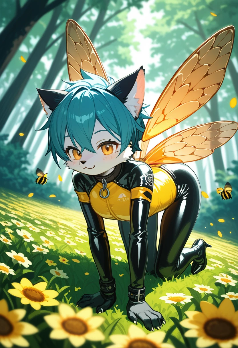 Highest quality, Highest quality, High quality illustrations, masterpiece, Ultra-high resolution, Detailed Background, bee蜜のプール, in the forest, Flower Field, Absurd, Perfect Anatomy, performance, Good lighting, Shadows in the movies(kemono, Furry PersonifiCation), Cat, bee, Rubber Suit, Honey Latex, bee蜜のローション, neon, neonカラー, cyber punk, 蜜beeの衣装, 蜜beeコスプレ, ラバーの蜜beeの尻尾, Bee Wings, enamel, bee蜜のプール, bee蜜のローションを浴びている, bee蜜のスライムを纏っている, Tattoo, High heels, On all fours, Dynamic Angle