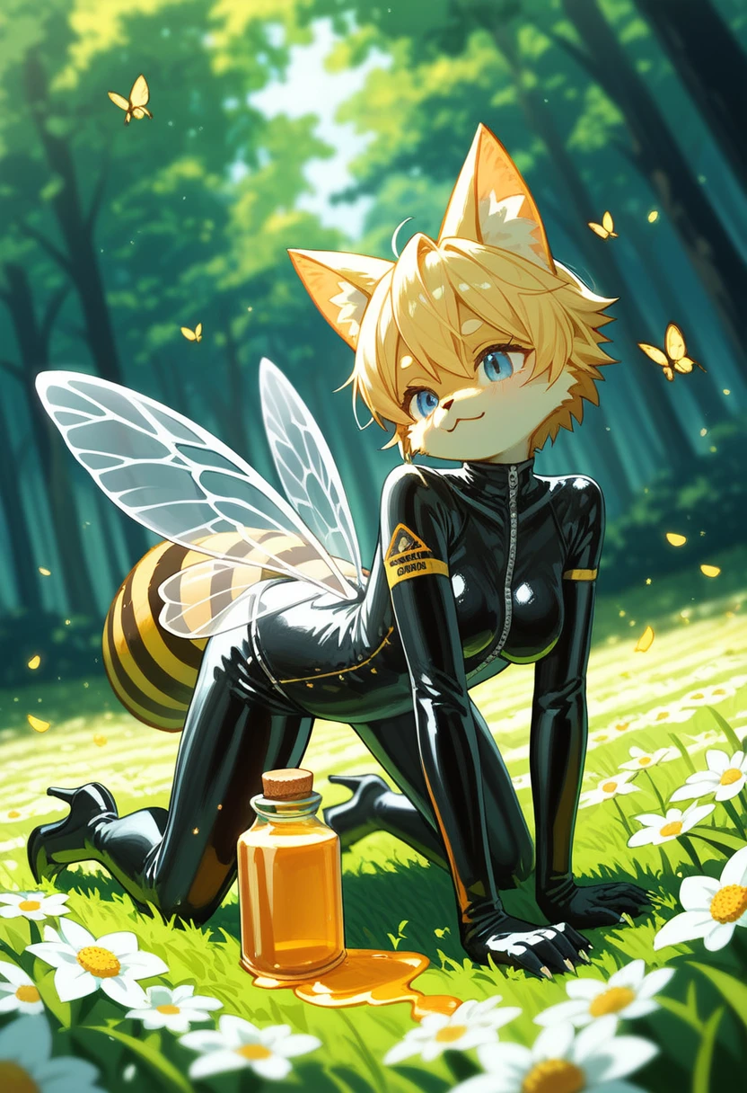 Highest quality, Highest quality, High quality illustrations, masterpiece, Ultra-high resolution, Detailed Background, bee蜜のプール, in the forest, Flower Field, Absurd, Perfect Anatomy, performance, Good lighting, Shadows in the movies(kemono, Furry PersonifiCation), Cat, bee, Rubber Suit, Honey Latex, bee蜜のローション, neon, neonカラー, cyber punk, 蜜beeの衣装, 蜜beeコスプレ, ラバーの蜜beeの尻尾, Bee Wings, enamel, bee蜜のプール, bee蜜のローションを浴びている, bee蜜のスライムを纏っている, Tattoo, High heels, On all fours, Dynamic Angle
