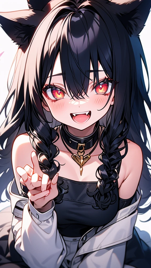 black hair, hair bobbles, wince, longeyelashes, solid circle eyes, fake animal ears, light smile, ear blush, fang, ccurate, drop shadow, anaglyph, stereogram, tachi-e, pov, atmospheric perspective, 8k, super detail, best quality