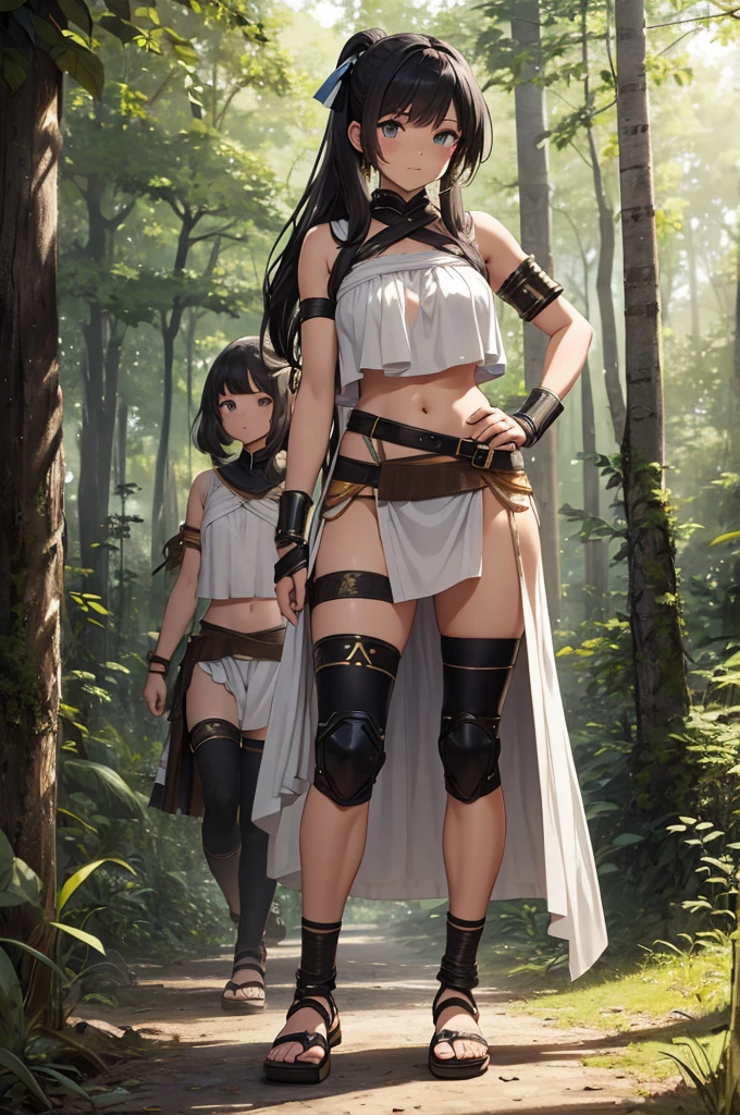 young indigenous woman, girl, younger girl, 1girl, naked, long black hair, beautiful purple eyes, bangs, detailed body, primitive, primitive clothing, flower, ragged cloth clothing, loincloth, exposed, body paint, in a forest, wet body, small breasts, saggy breasts, nice butt, curvy ass, small waist, thick legs, shapely legs, thick thighs,
