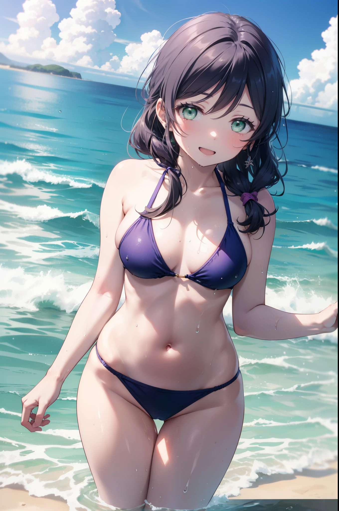 nozomitoujou, Nozomi-san always, (Green Eyes:1.5), Purple Hair, Long Hair, (Large :1.2),smile,Open your mouth,Purple bikini swimsuit,barefoot,Water Play,Wet Skin,Wet Hair,Wet swimsuit,True Summer,透明なOcean,Daytime,Clear skies,whole bodyがイラストに入るように,
break looking at viewer,whole body (Cowboy Shot:1. 5)
break indoors,Ocean, Beach,Sandy Beach,
break (masterpiece:1.2), Highest quality, High resolution, unity 8k wallpaper, (figure:0.8), (Beautiful attention to detail:1.6), Highly detailed face, Perfect lighting, Highly detailed CG, (Perfect hands, Perfect Anatomy),