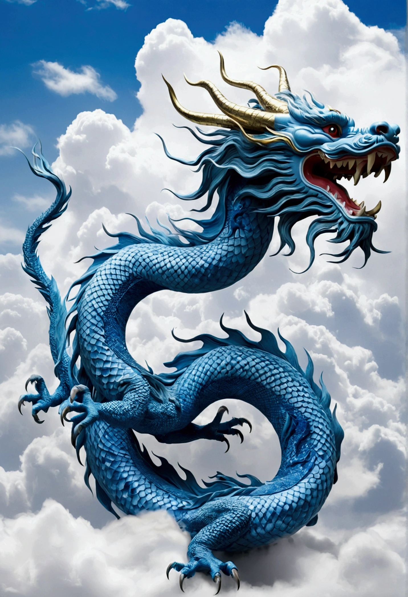 flag、masterpiece、(White Background:1)、Blue Chinese dragon surrounded by white clouds、god々々Hello、Wind、god々、Long undulating body、tooth、Upper body、Fantasy、god話、high quality、Very detailed、masterpiece、amazing、Particle Effects、Dynamic Effects