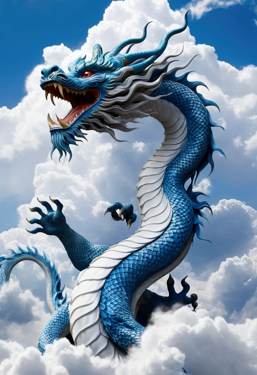 flag、masterpiece、(White Background:1)、Blue Chinese dragon surrounded by white clouds、god々々Hello、Wind、god々、Long undulating body、tooth、Upper body、Fantasy、god話、high quality、Very detailed、masterpiece、amazing、Particle Effects、Dynamic Effects
