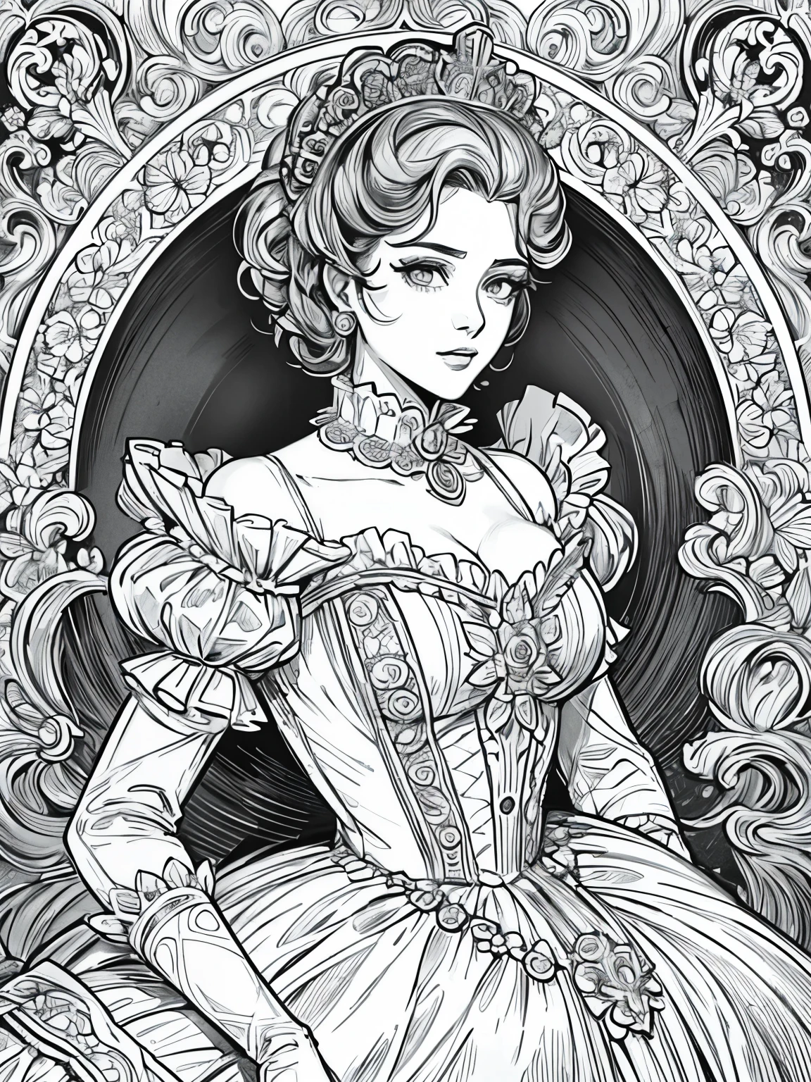 (Black and white coloring book), line drawings, masterpiece, best quality, ultra-detailed, high resolution, Very detailed face, (Eyes clear and distinct lines), Hair is not colored, A woman in a Victorian ball gown adorned with delicate lace and rich ruffles, The background is a glamorous ball scene, full-length, Hyper detailed crisp black line draw, ((simple white color))