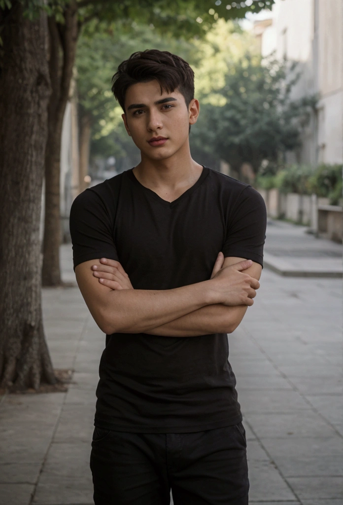 a 24 year old young man, bonitas, athletic body, wearing a black t-shirt tight to the body, super realistico, cinematic effect, short hair in military haircut style with deep brown hair, your hair is very low and the hairstyle is forward, he has a very light and low beard, background with dark environment, good lighting as if it were a scene from a movie, 8k, ultra realisitic, sharp, background trees and buildings.