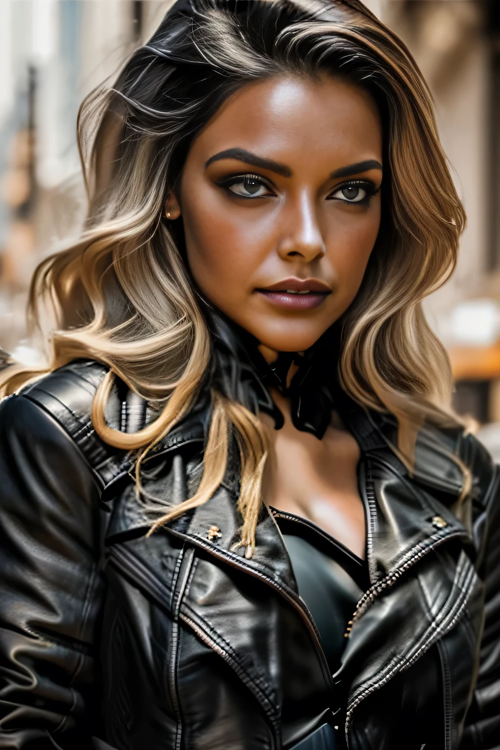 (((Face close-up)))､Long curly dark blonde hair, Gorgeous eyes, Detailed body､Detailed face､Detailed eyes､Detailed eyebrows､Captivating look, The line of sight is this、Big Tits, Exposed cleavage, (Black leather jacket, Black leather leotard:1.5), Black high leg leotard, Stiletto heels, Modern metropolis Paris France neon signs background at midnight, Spot lighting, Hair backlight, Shallow depth of field, Bokeh, ((Pause＿random))､masterpiece, 最high quality, high quality, High resolution, (Face close-up)､
