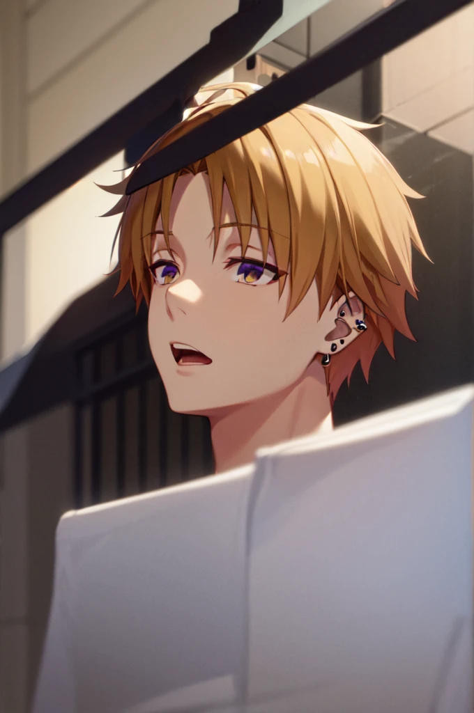 Masterpiece, best quality, 1boy, upper body, necktie, (black ear piercing), open mouth, simple backround, blonde hair, expressionless, short hair, jacket