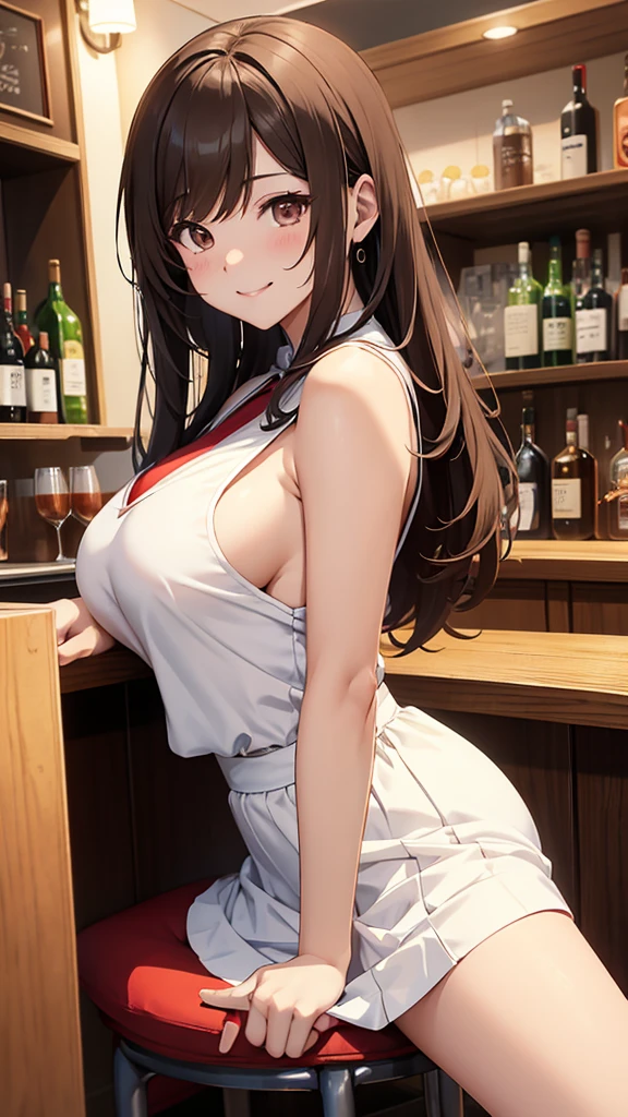 Gal、He is smiling with his mouth wide open.、Bar counter、Crossing your legs、hair is light brown、Shortcuts、Being drunk、Your cheeks are red、Large Breasts、white sleeveless dresini skirt、Around 25 years old、Anime style illustrations