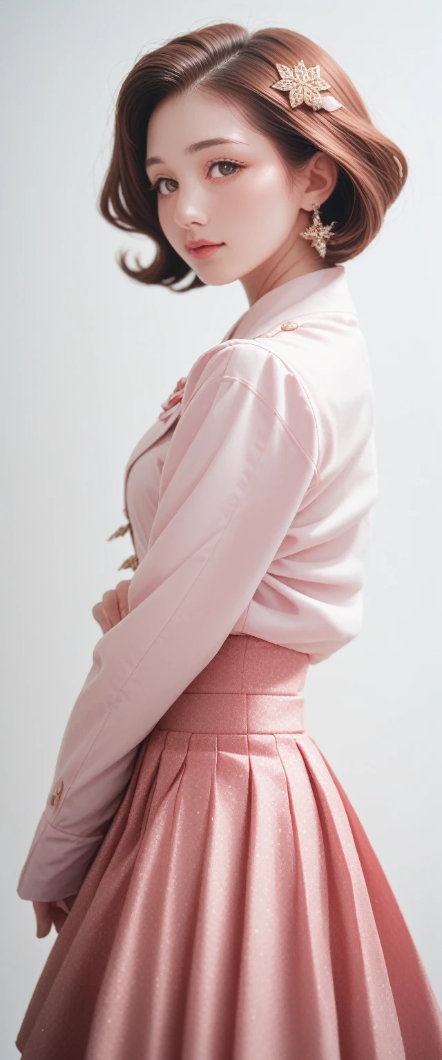 A beautiful woman, 32 years old, Red short hair, shimmering brown eyes, and , and a purple and pink blaser, skirt, and white background, Intricate details,