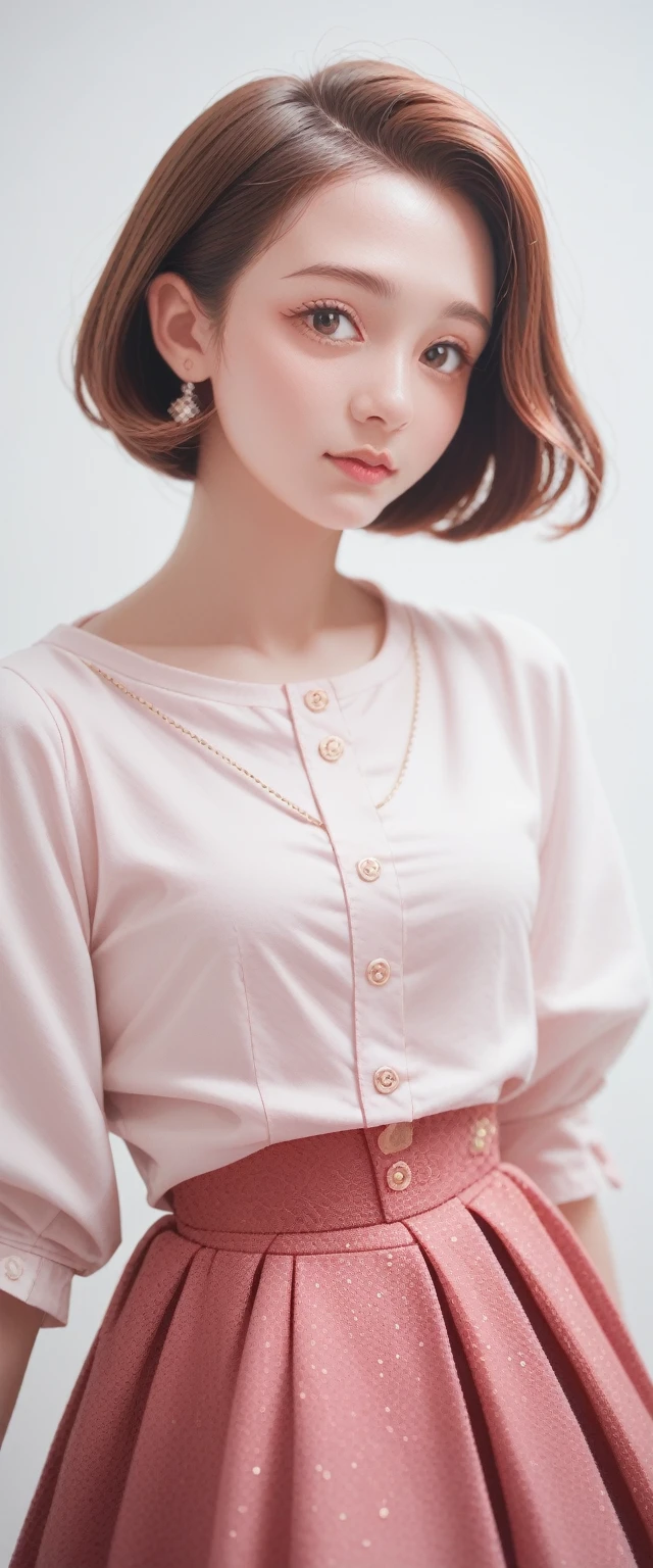 A beautiful woman, 32 years old, Red short hair, shimmering brown eyes, and , and a purple and pink blaser, skirt, and white background, Intricate details,