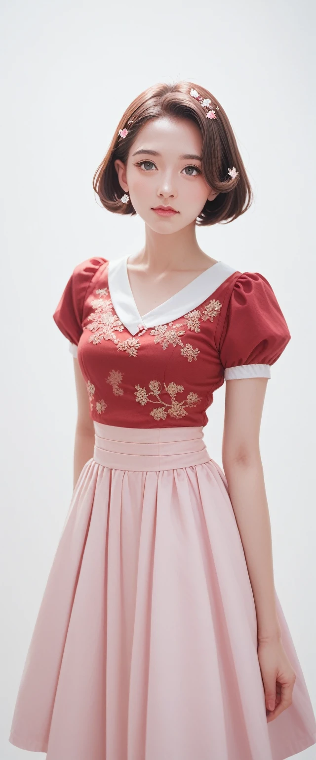 A beautiful woman, 32 years old, Red short hair, shimmering brown eyes, and , and a purple and pink blaser, skirt, and white background, Intricate details,