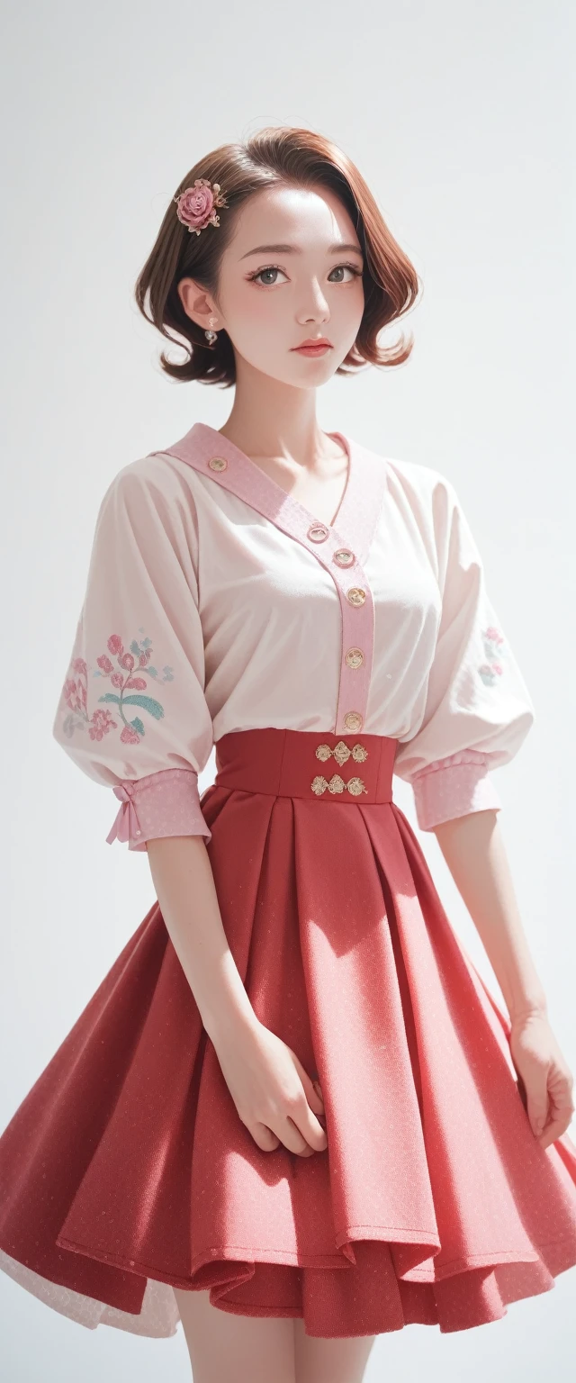 A beautiful woman, 32 years old, Red short hair, shimmering brown eyes, and , and a purple and pink blaser, skirt, and white background, Intricate details,