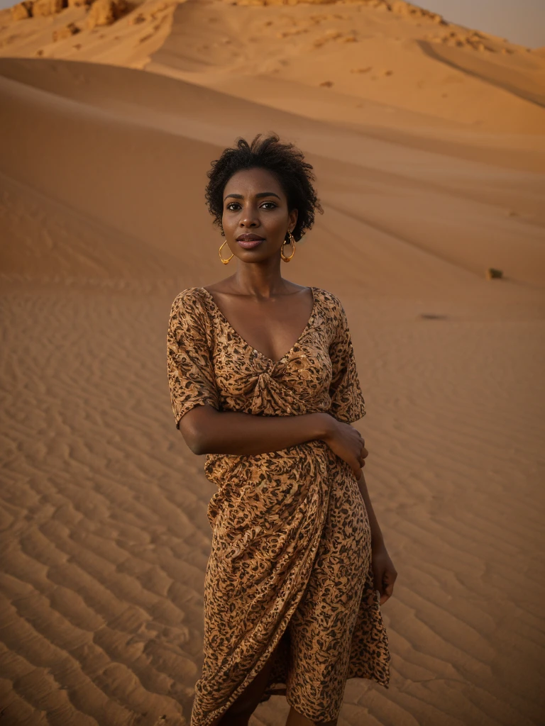 Amira, 1girl, solo, ((Sudanese woman)), consistent face and body, ((MILF)), ((30 years old)), (mature), ((slim)), ((Sudanese face)), (Sudanese nose), (Sudanese lips), short hair, upper body and upper legs, (background: Sahara Desert), BREAK, (wearing dessert clothes)