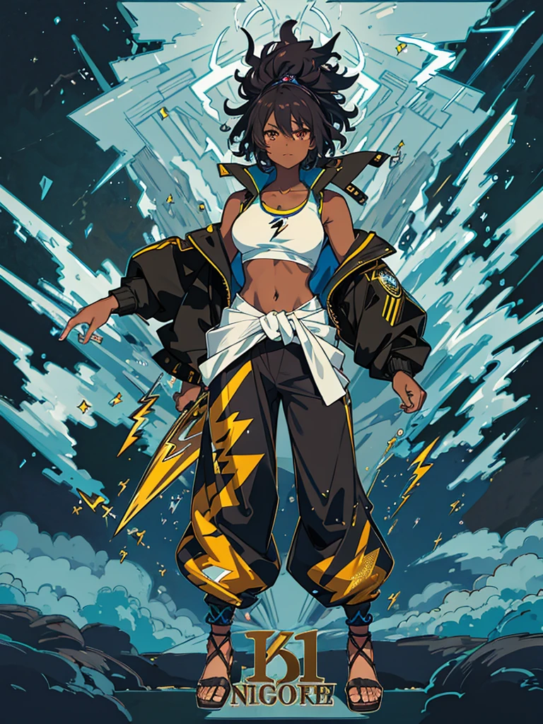 Dark skinned woman, Afro, glowing eyes, hair over one eye, two-tone hair, harem pants, tank top, jacket around waist, standing in vast grassy field, sandals, night, lightning in sky, emitting lightning, highly detailed