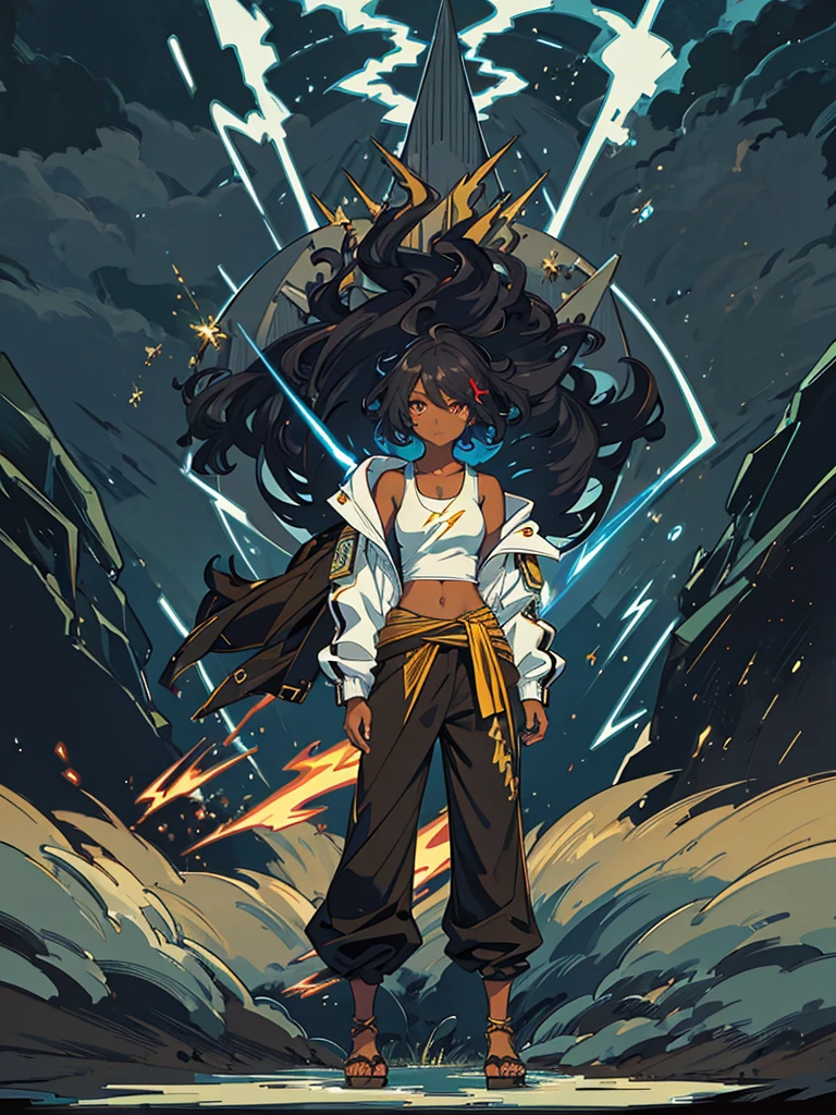 Dark skinned woman, Afro, glowing eyes, hair over one eye, two-tone hair, harem pants, tank top, jacket around waist, standing in vast grassy field, sandals, night, lightning in sky, emitting lightning, highly detailed