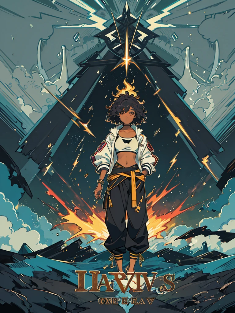 Dark skinned woman, Afro, glowing eyes, hair over one eye, two-tone hair, harem pants, tank top, jacket around waist, standing in vast grassy field, sandals, night, lightning in sky, emitting lightning, highly detailed