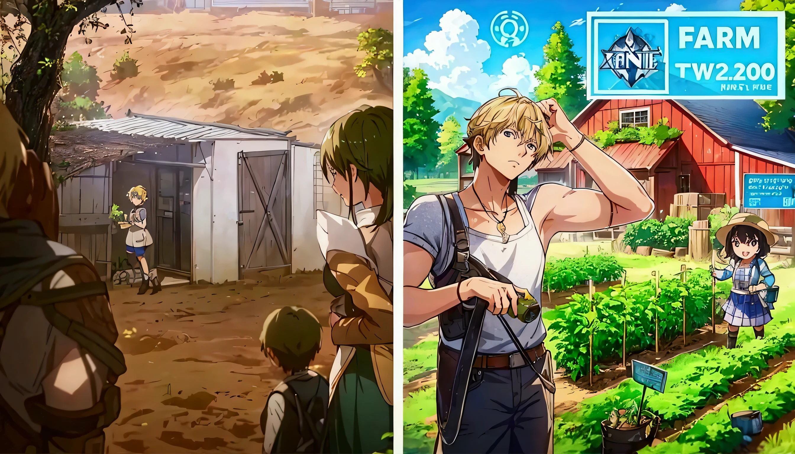 two pictures of a farm with a farmer and a woman, makoto shinkai and bioware, anime cover, 🪔 🎨;🌞🌄, trending on pixiv, snk, xqc, detailed game art, mobile game art, pixiv trending, mobile game, isekai, ben maier and sakimichan