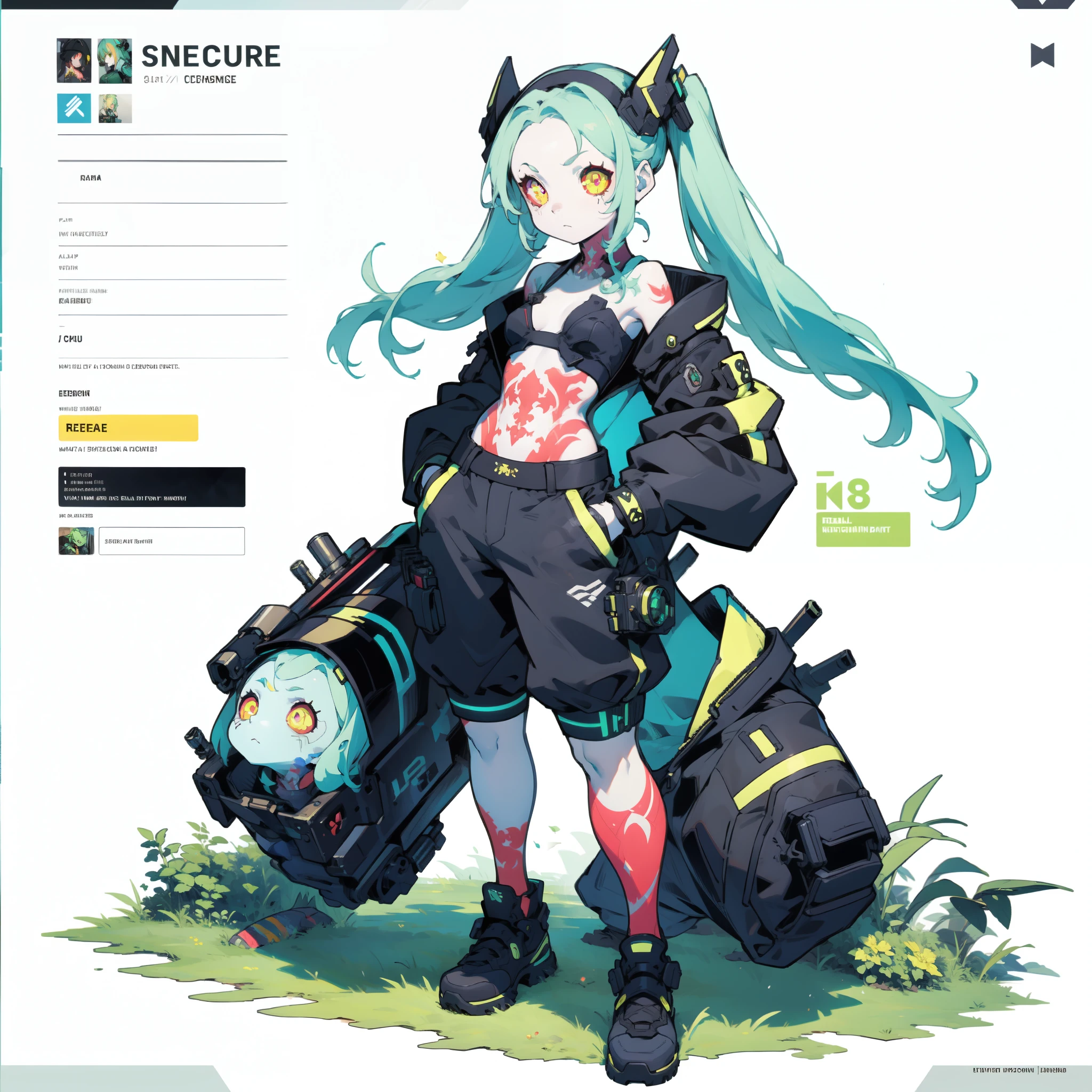 white background, 1girl, solo, full body,reference sheet, character chart, rebecca, yellow eye, mechanical eye, red sclera, twintails, leg tattoo, colored skin, tattoo, petite, black hairband, navel,green hair, neck tattoo, small breasts, headgear, long hair, stomach tattoo,cyberpunk,bamboo hat,1080P, best quality, high details, highres,