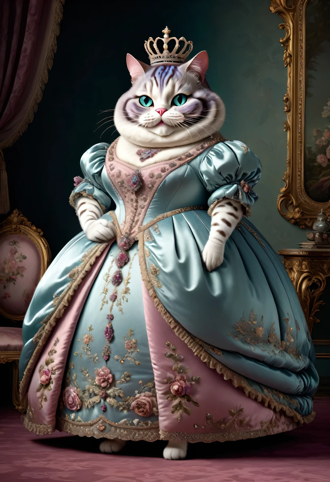 photorealistic portrait of Dressed animals - a ((fat)) (Cheshire cat) princess, (full body image:1.5),(elegant pose:1.5) Wearing luxury sack-back gown,(wearing luxury tiara),(hands on hips:1.5), Old-fashioned luxury clothes, detailed and opulent description of a queen's aristocratic sack-back gown in Rococo , emphasizing luxurious fabrics, intricate embroidery, and ornate accessories, Rococo style king palace background,(looking at viewer:1.5),score_9, score_8_up, score_7_up, score_6_up, score_5_up, score_4_up,