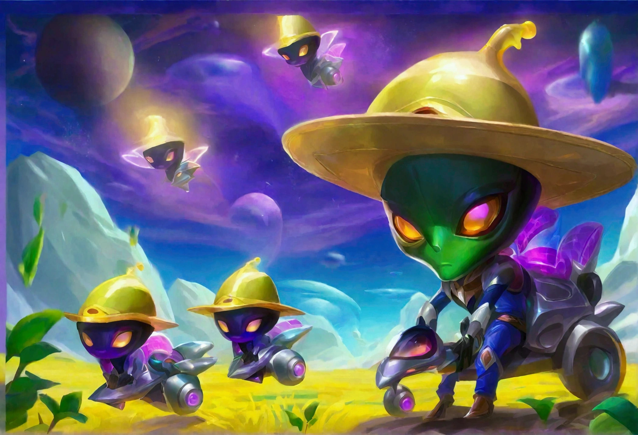 Alien cowboys (lean, big head, huge dark eyes, cowboy outfit, ray guns) are riding on crystalline beetles, alien plains with strange plants, violet skies, 2 suns