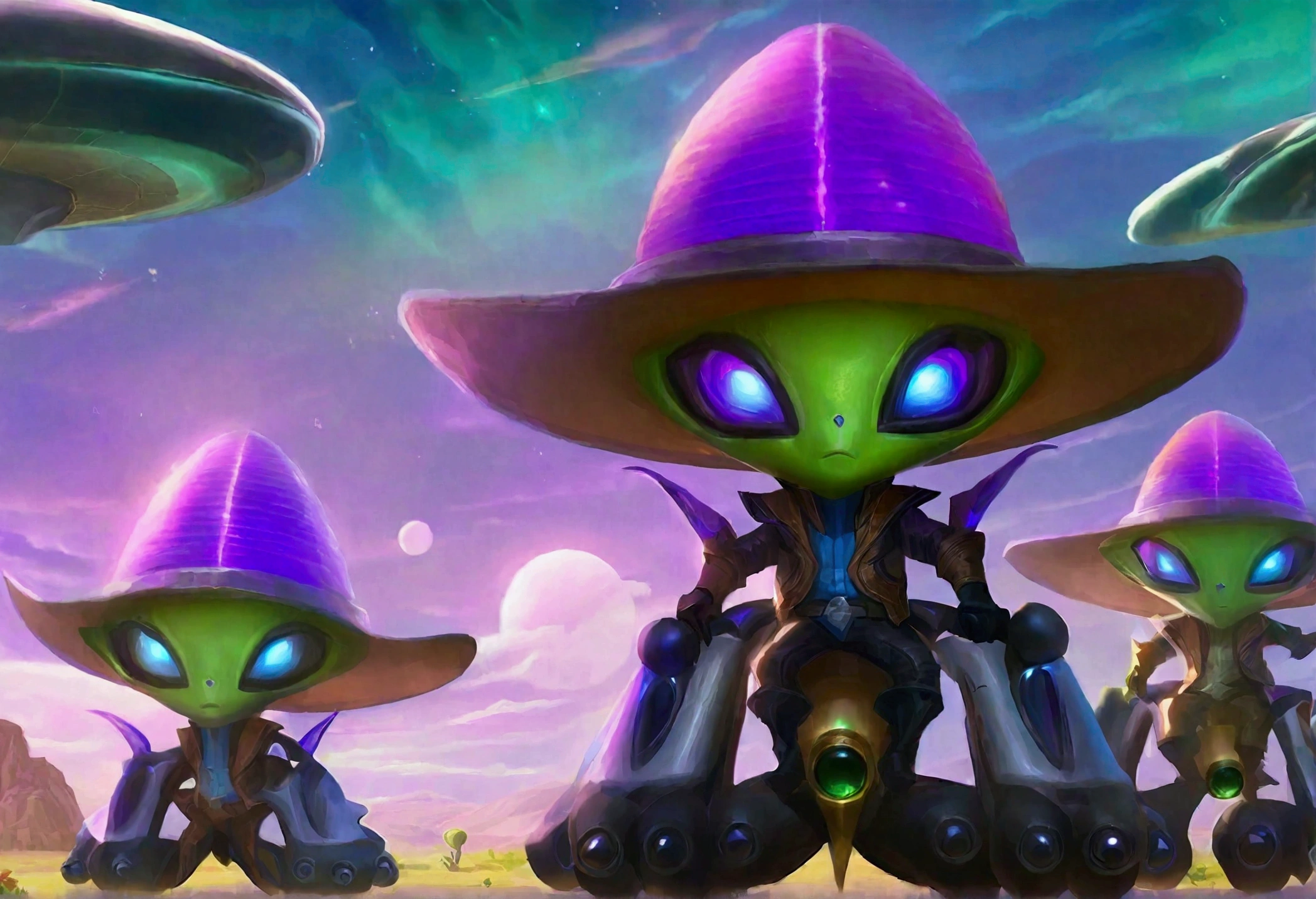 Alien cowboys (lean, big head, huge dark eyes, cowboy outfit, ray guns) are riding on crystalline beetles, alien plains with strange plants, violet skies, 2 suns
