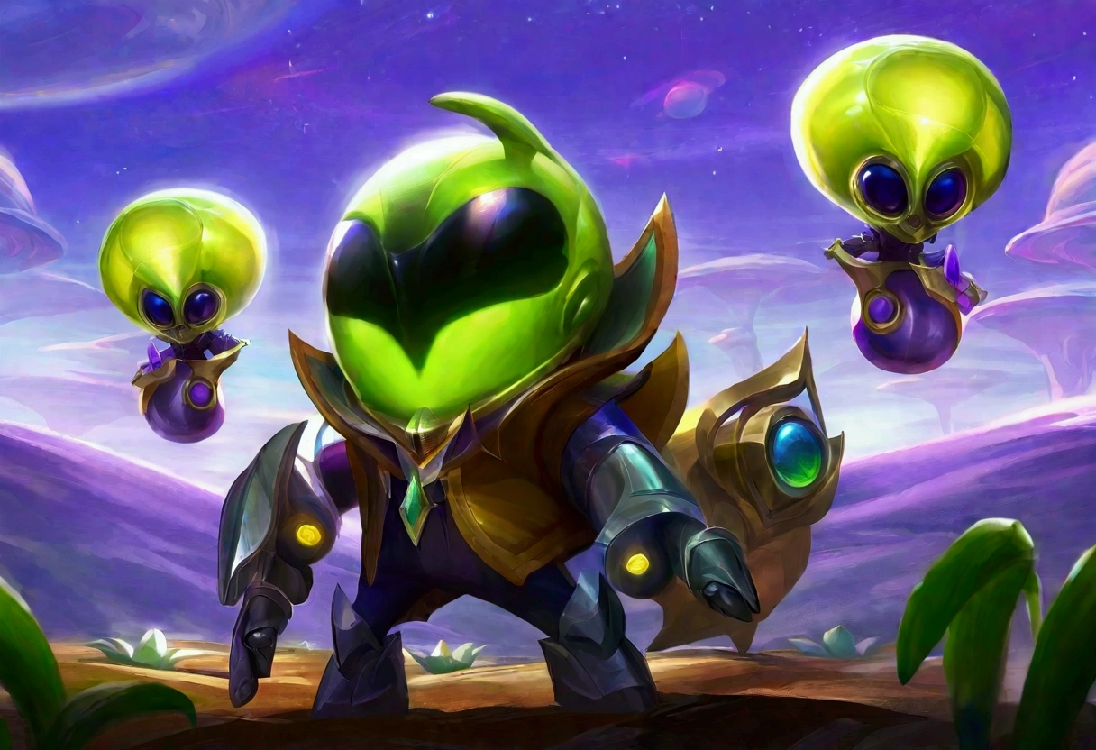 Alien cowboys (lean, big head, huge dark eyes, cowboy outfit, ray guns) are riding on crystalline beetles, alien plains with strange plants, violet skies, 2 suns