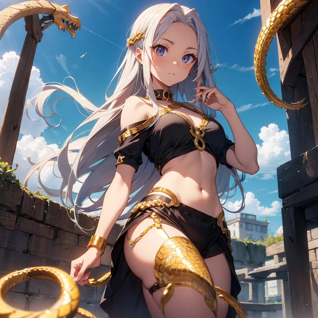 masterpiece, best quality, ultra-detailed, 1girl, solo, SFW, long silver hair, silver eyelashes, yellow eyes, silver earrings, slender, small breasts, wet armpit, bare, (chain:1.1), (gold:1.4), (gold trim:1.4), (curvy1.1), (shyness:1.3), (soft:1.2)