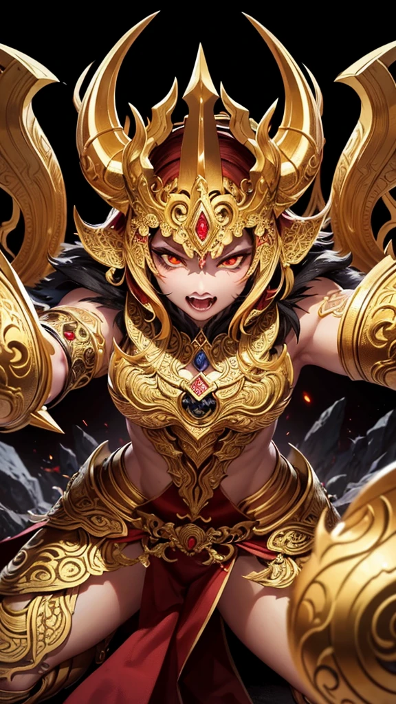 Create a highly detailed and dramatic image of a mythological Thai demon, dressed in intricate golden armor with a fierce expression. The demon should have sharp fangs, dark fur, and glowing eyes, showcasing traditional Thai artistic elements in its design.