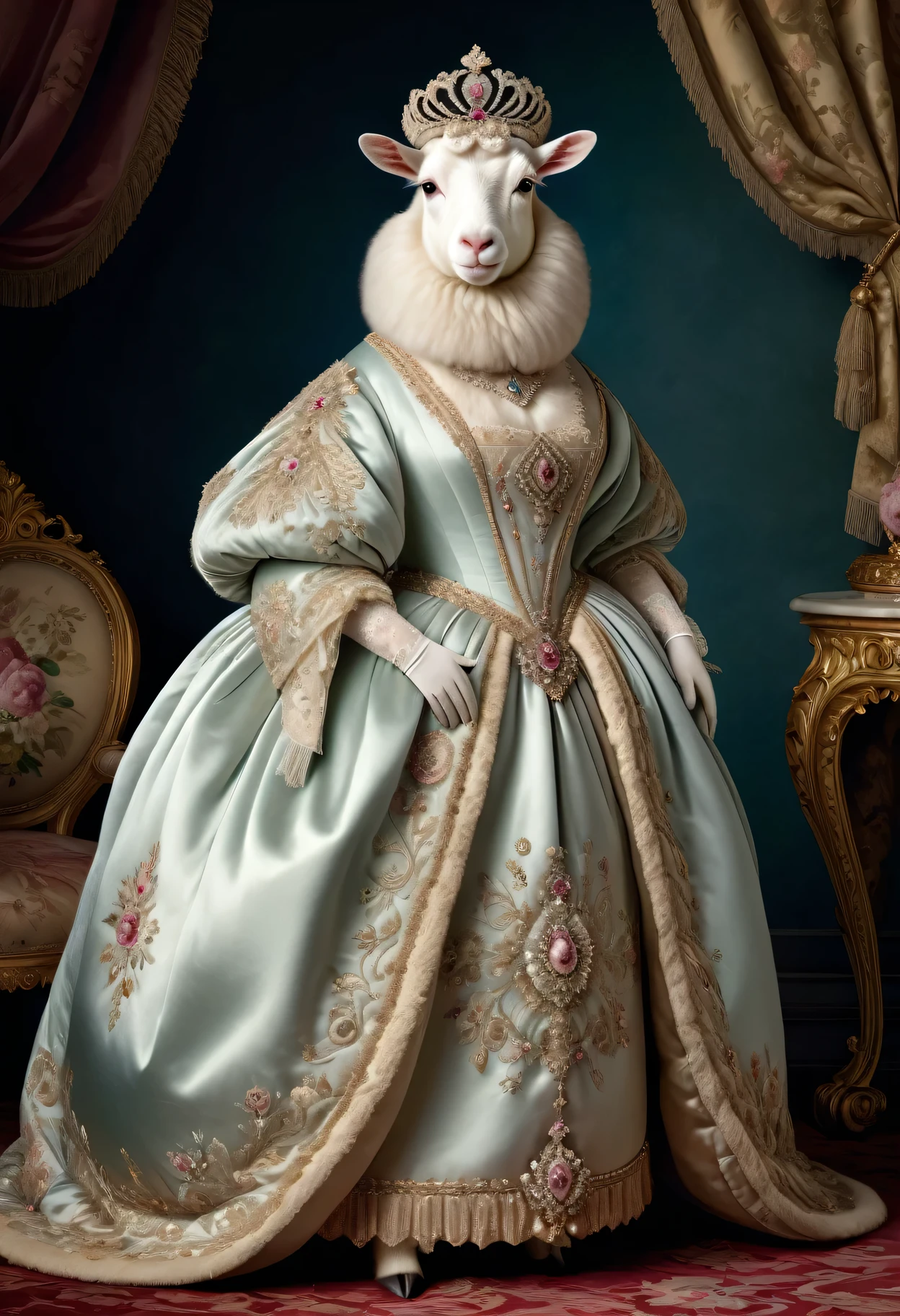 photorealistic portrait of Dressed animals - a ((fat)) (angora goat) princess, (full body image:1.5),(elegant pose:1.5) Wearing luxury sack-back gown,(wearing luxury tiara),(hands on hips:1.5), Old-fashioned luxury princess dress, detailed and opulent description of a princess's aristocratic sack-back gown in Rococo , emphasizing luxurious fabrics, intricate embroidery, and ornate accessories, Rococo style king palace background,(looking at viewer:1.5),score_9, score_8_up, score_7_up, score_6_up, score_5_up, score_4_up,