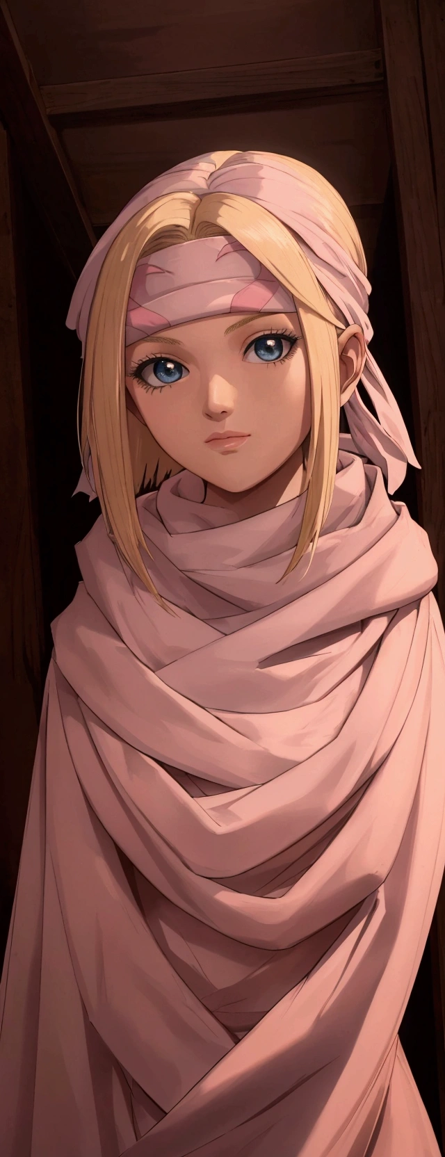 masterpiece), best quality, high resolution blonde 1girl bob cut medium hair standing alone cowl headband profile image looking at viewer beautiful eyes beautiful face extremely detailed pink clothing girly