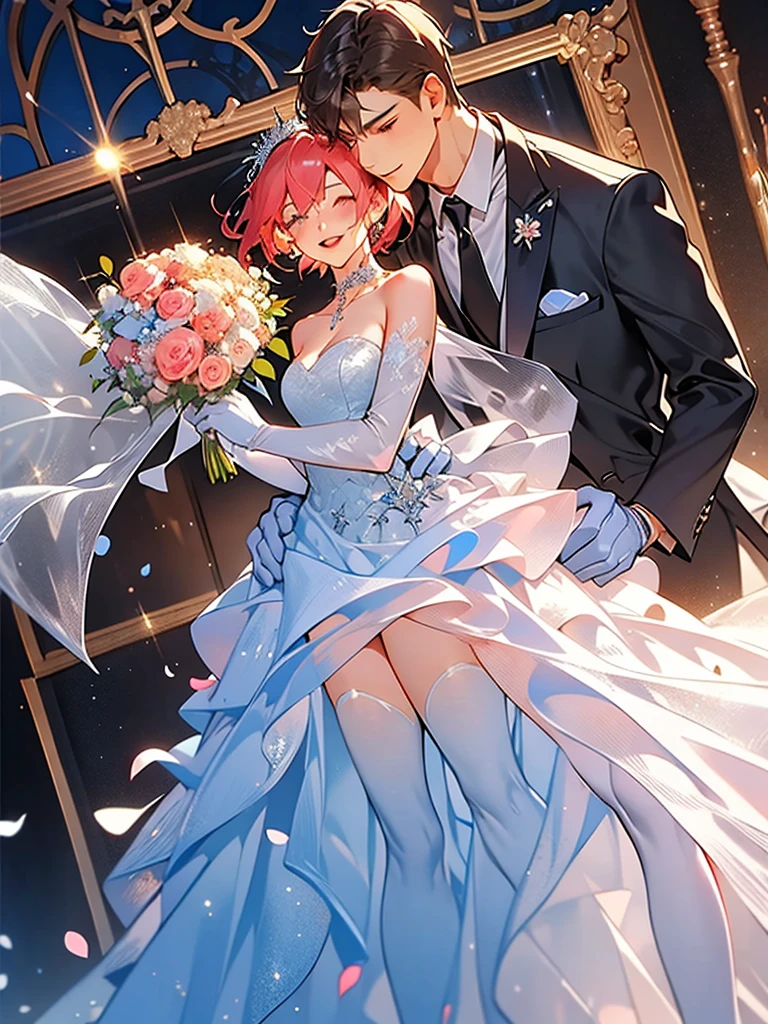 masterpiece, 1girl, 1boy, dress, two people, wedding dress, necktie, couple, smile, strapless dress, closed eyes, pants, strapless, veil, flower, long hair, holding, jewelry, gloves, shirt, necklace, bouquet, white pants, holding bouquet, white dress, blue eyes, white shirt, open jacket, holding hands, elbow gloves, white gloves, white jacket, pink necktie, bridal veil, white background, wedding, husband and wife, long sleeves, long dress, pink flower, short hair, standing, novel cover