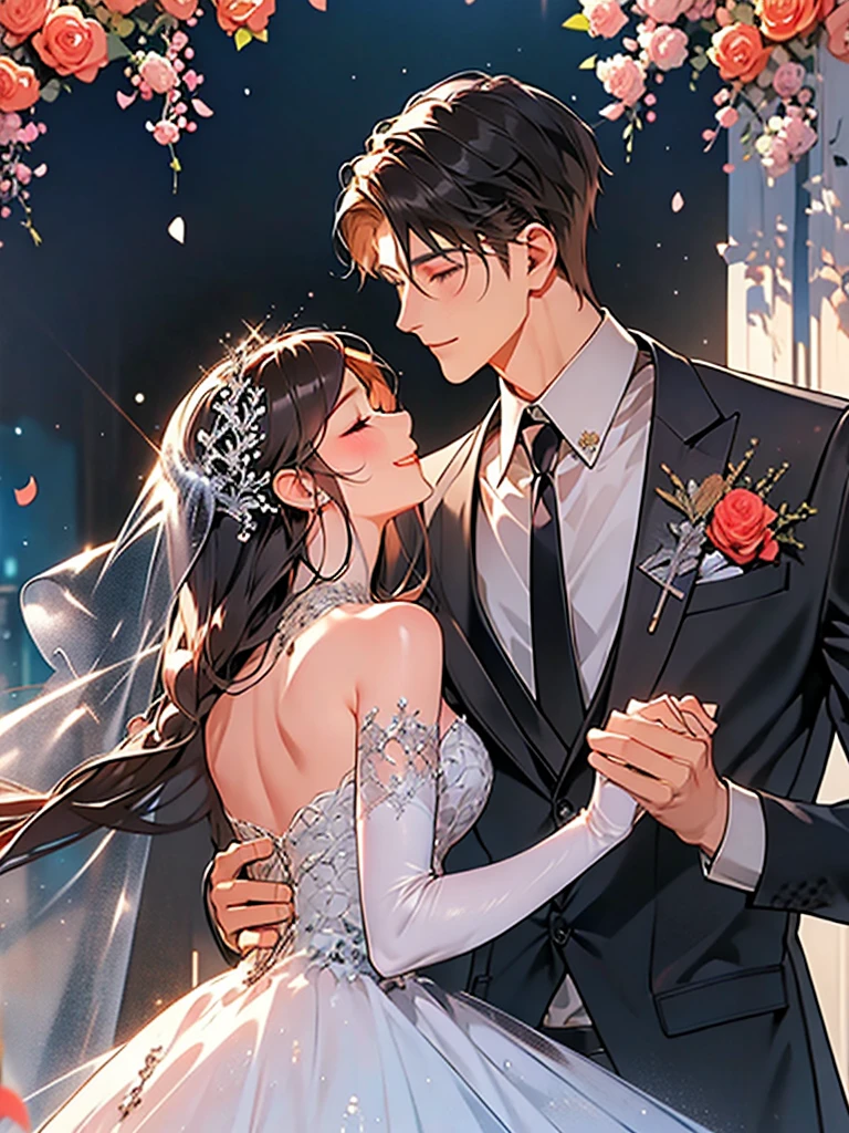 masterpiece, 1girl, 1boy, dress, two people, wedding dress, necktie, couple, smile, strapless dress, closed eyes, pants, strapless, veil, flower, long hair, holding, jewelry, gloves, shirt, necklace, bouquet, white pants, holding bouquet, white dress, blue eyes, white shirt, open jacket, holding hands, elbow gloves, white gloves, white jacket, pink necktie, bridal veil, white background, wedding, husband and wife, long sleeves, long dress, pink flower, short hair, standing, novel cover