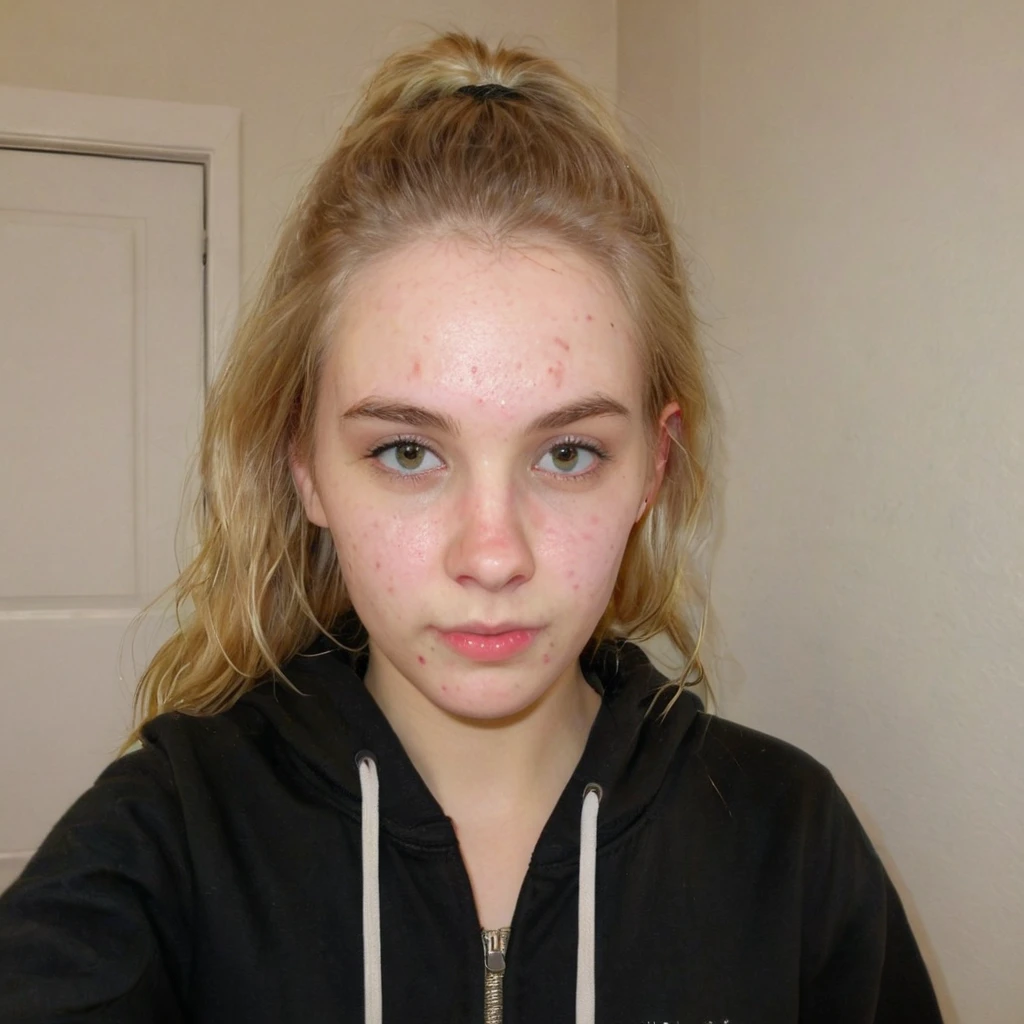 front view, selfie picture of a blonde girl in her 20s, emotionless, wearing black hoodie, portrait photo, Detailed natural skin and acne