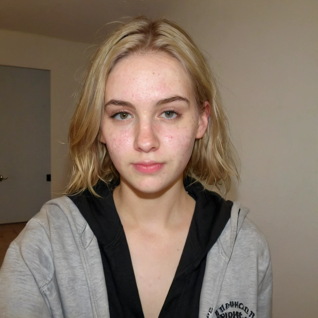 front view, selfie picture of a blonde girl in her 20s, emotionless, wearing black hoodie, portrait photo, Detailed natural skin and acne