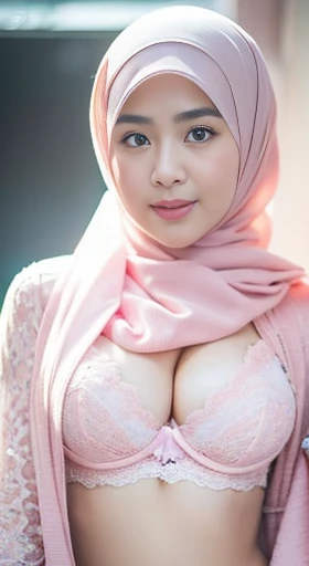 1 malay girl , modern plain hijab, shy, medium portrait shot , watery eyes , pink glowing particles, wear pastel pink lace bra, big breast, pink light bokeh background, proportional body,