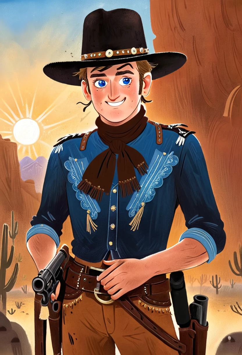Portrait of young John Wayne as Ringo in the film Stagecoach, detailed portrait, chiseled features, piercing blue eyes, rugged good looks, weathered skin, cowboy hat, western outfit, gun holster, desert landscape, golden hour lighting, cinematic composition, dramatic shadows, muted colors, gritty realism, classic Hollywood style, Chi's Illustration Style