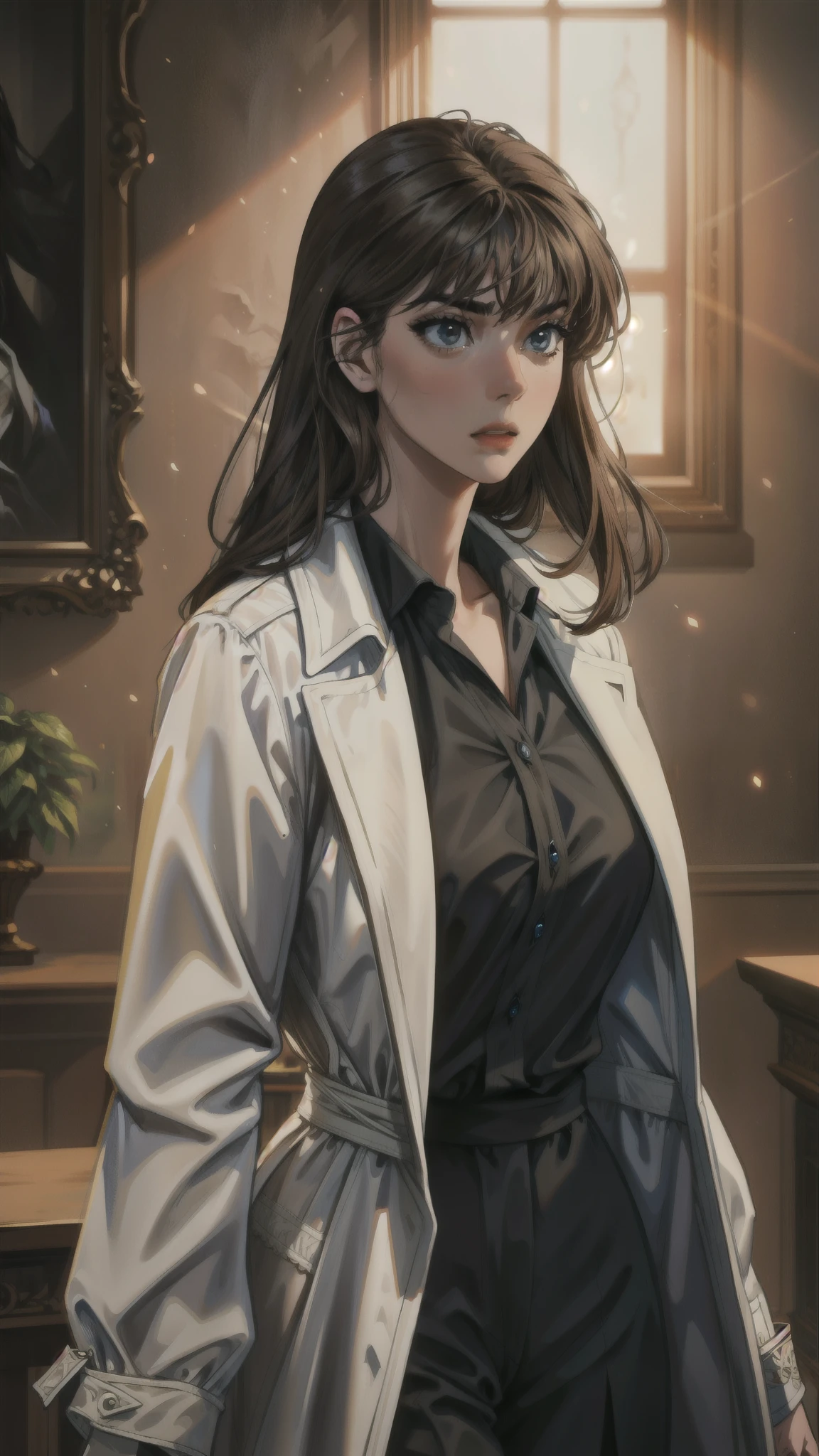 a beautiful young woman with long brown hair, bangs, wearing a white coat and black shirt, in a detailed and intricate style, masterpiece, best quality, hyperrealistic, 8k, ultra-detailed, photorealistic, vivid colors, cinematic lighting, dramatic shadows, chiaroscuro, oil painting, elegant, serene, thoughtful expression, graceful pose, slender figure, delicate features, porcelain skin, detailed eyes, nose, lips, long eyelashes