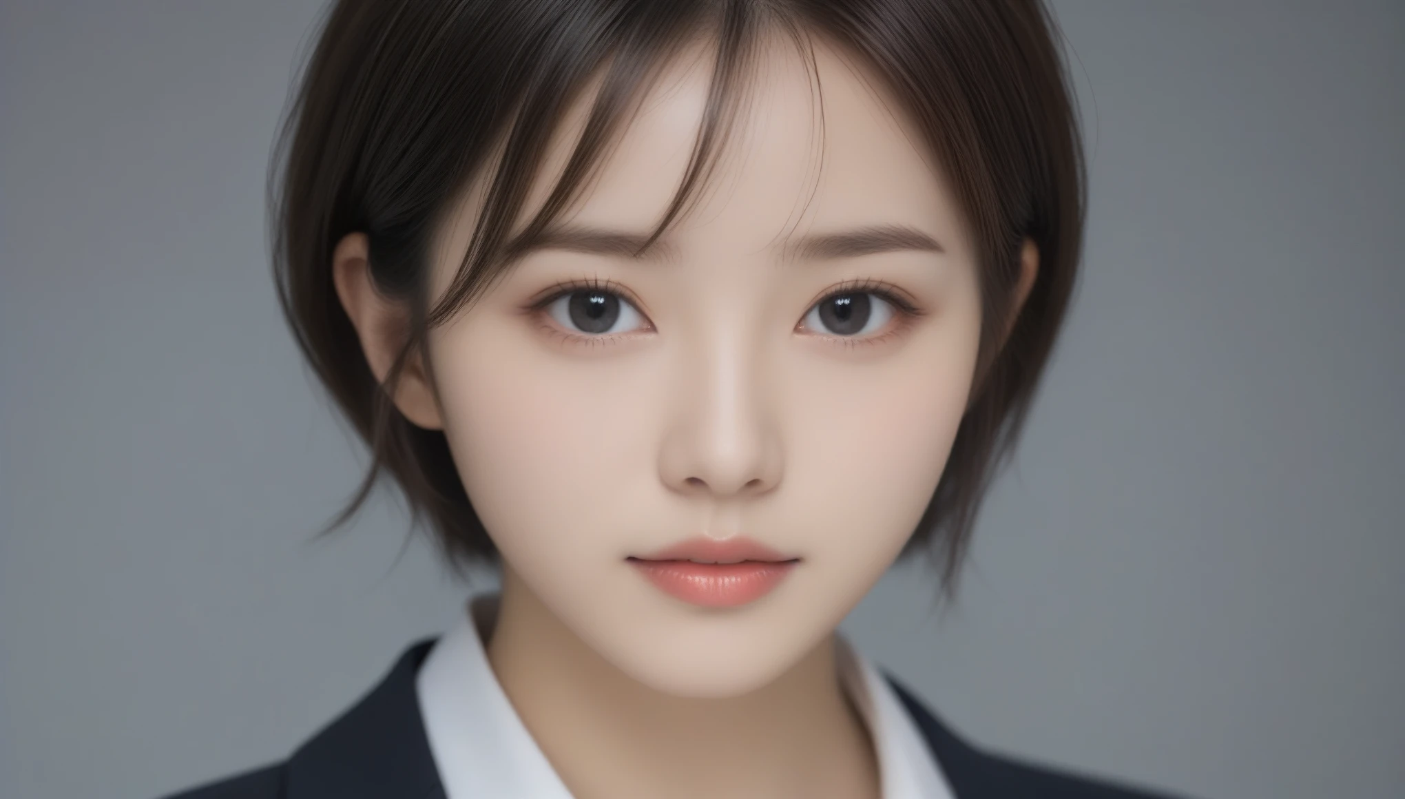 8k, Ultra-high resolution, Highest quality, masterpiece, 三分割法によるphotograph,Surreal, photograph, 1 Girl, (16 years old:1.3), pretty girl, Cute Face, Beautiful eyes in every detail, 細かくdetailedに,masterpiece,One Girl:1.2, Japan Female Announcer,upper body,from below,sad,streaming tears,Black short hair,Messy hair,(black suit:1.3),mourning clothes,(印象派の美しい少女のPortraiture), (Gray background:1.3),(Impressionist light and colour),Realistic Skin, Perfect and beautiful face ,完璧でCute Face, Skin with attention to detail, Perfect limbs、Narrow waist,Looking at the audience、beauty,Long neck,clavicle,(((Ideal body type))),A cup small breasts :2,Portraiture:2,Perfect Anatomy,鮮明なdetailed,detailed,Surreal,Light and shadow,underlighting