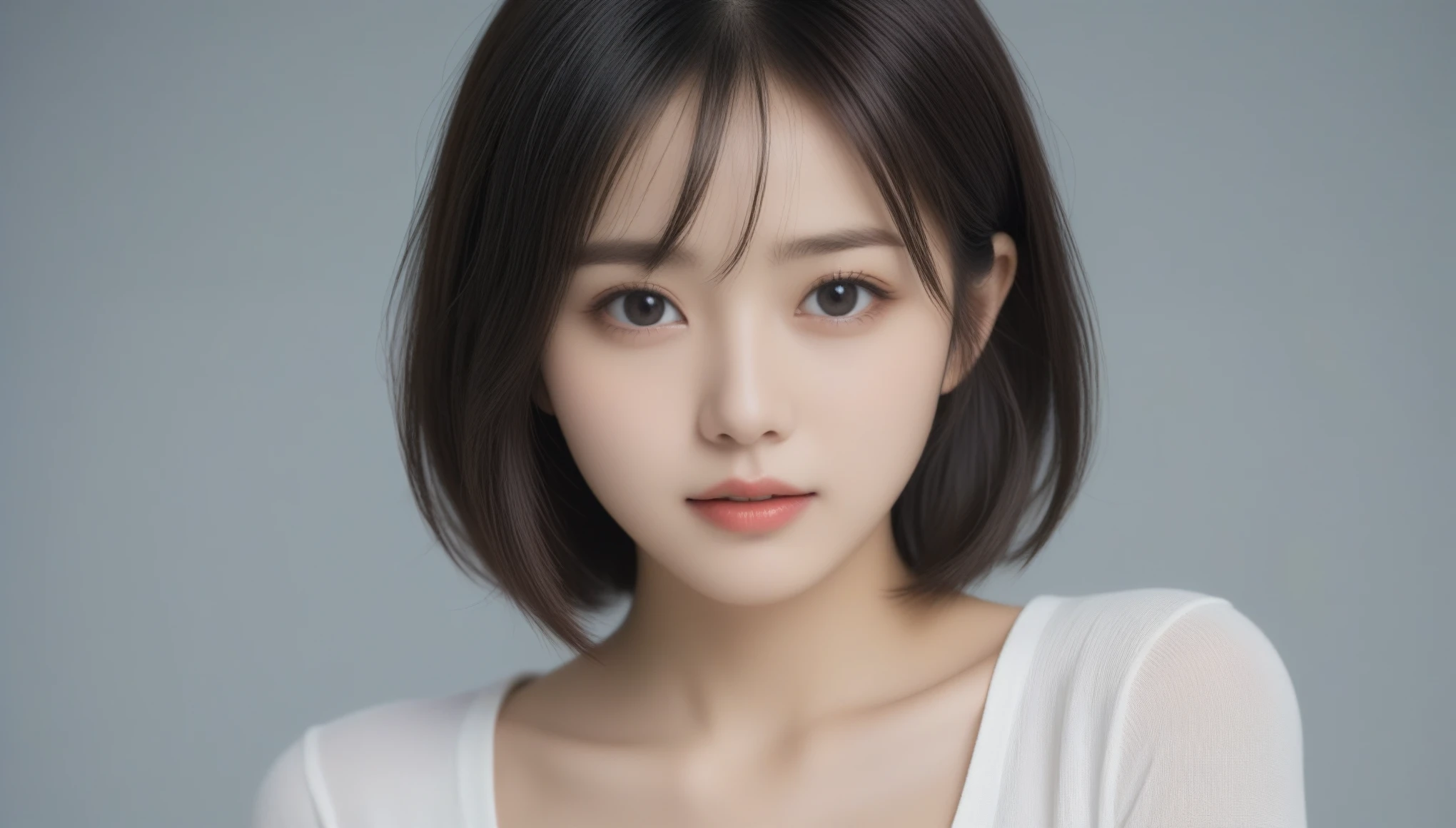 8k, Ultra-high resolution, Highest quality, masterpiece, 三分割法によるphotograph,Surreal, photograph, 1 Girl, (:1.3), pretty girl, Cute Face, Beautiful eyes in every detail, 細かくdetailedに,masterpiece,One Girl:1.2, Japan Female Announcer,upper body,from below,sad,streaming tears,Black short hair,Messy hair,(black suit:1.3),mourning clothes,(印象派の美しい少女のPortraiture), (Gray background:1.3),(Impressionist light and colour),Realistic Skin, Perfect and beautiful face ,完璧でCute Face, Skin with attention to detail, Perfect limbs、Narrow waist,Looking at the audience、beauty,Long neck,clavicle,(((Ideal body type))),A cup small breasts :2,Portraiture:2,Perfect Anatomy,鮮明なdetailed,detailed,Surreal,Light and shadow,underlighting